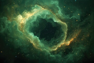 Fototapeta premium A nebula with green and gold clouds surrounding a dark center filled with distant stars view in space