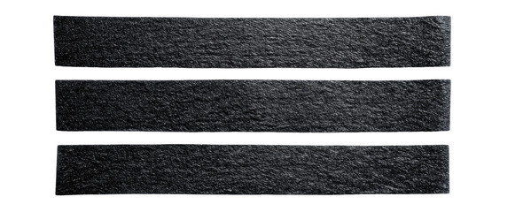Three horizontal bands of dark gray textured material with white lines