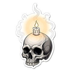Skull with a lit candle on its head emitting smoke and light.