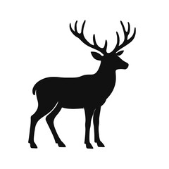 Fototapeta premium Flat 2D vector of deer silhouette standing side view, black shape with large antlers, isolated on white background, elegant minimal design for nature, wildlife, or logo use.