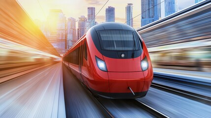 Fototapeta premium Urban transportation concept. High-speed red train traveling through a modern city with skyscrapers at sunrise, showcasing urban transportation and innovation