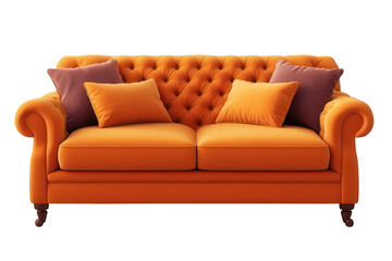 Fototapeta premium Bright orange sofa with plush cushions designed for comfort and style, perfect for modern living spaces and cozy interiors