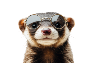 Grinning ferret with round glasses showcases its playful personality in a lively indoor setting during daylight hours