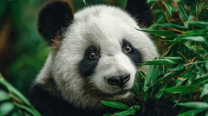 Close-up of a Baby Giant Panda Bear with Black and White Fur Resting Amid Green Bamboo Leaves in Natural Habitat for Wildlife Conservation and Nature Photography