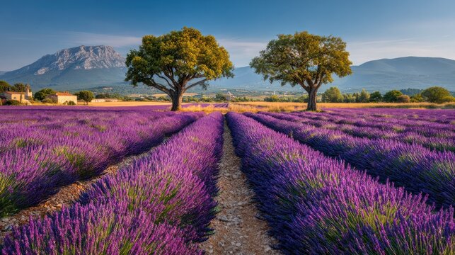 Vast vibrant lavender field with two large trees lush greenery mountain backdrop scenic rural landscape bright sunny day clear blue sky