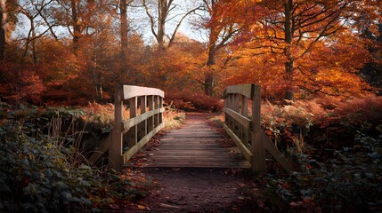 Wooden Bridge in a Busy Autumn Park