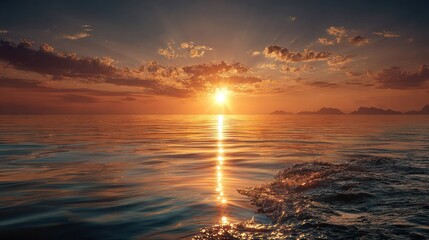 Beautiful Sunset Over Ocean with Cloudy Sky and Reflection on Calm Water Du Dusk in a Tranquil Seascape Scene with Warm Colors and a Distant Horizon