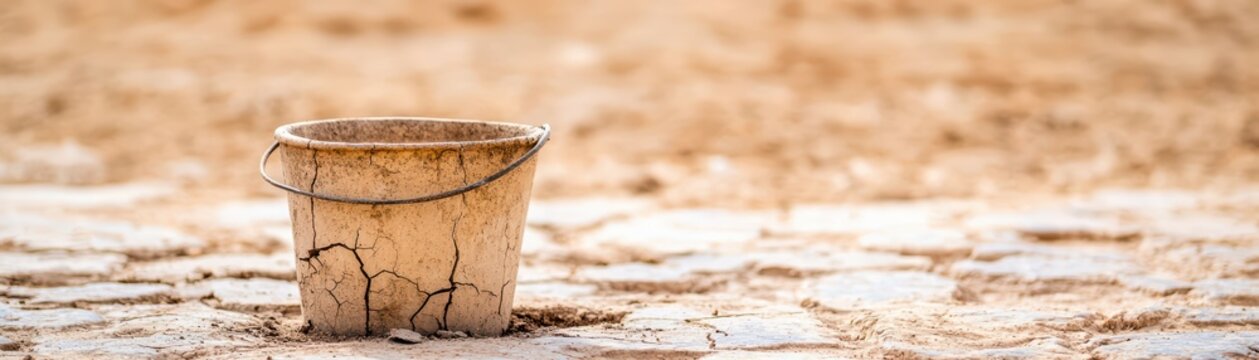 Drought concept. Dry and Cracked Bucket on Parched Ground Under Bright Sunlight in Desert Landscape