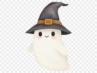 Watercolor witch ghost wearing hat cute Halloween illustration Vector.