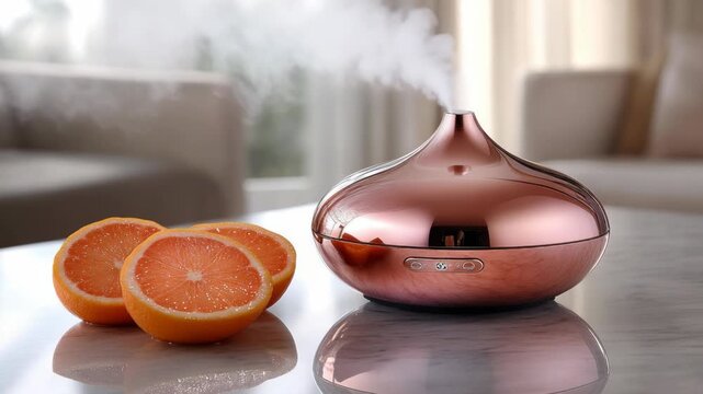 Rose gold aroma diffuser steaming near halved citrus fruits. Soft-focus background