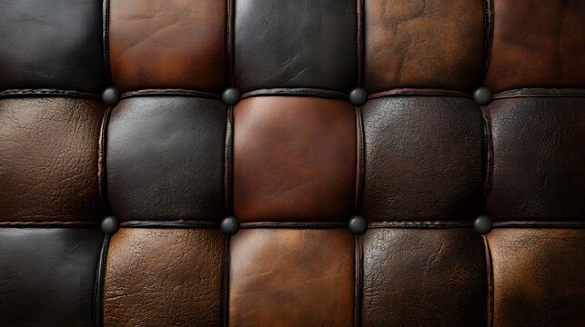 Luxurious tufted leather showcasing classic design and comfort. The detailed craftsmanship of the padded grid pattern and button accents creates a timeless aesthetic. Abstract Background Trend