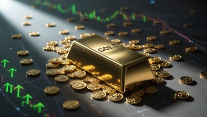 Shiny gold bar surrounded by scattered coins upon the financial trading chart background, illuminated by soft daylight highlighting market growth and investment prosperity