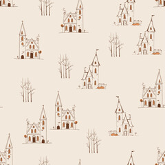 Haunted Houses Seamless Pattern, Vector Cozy Halloween Village