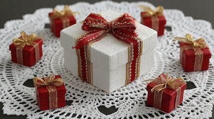 Obraz premium White gift box with gold ribbon surrounded by small red gift boxes on a decorative doily festive scene with copy space for Christmas New Year birthdays greeting cards web banners and product mockups