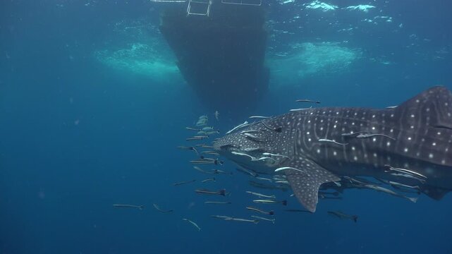 Whale shark (Rhincodon typus) swims past the stern of a dive boat, with two large suckerfish attached to its body.