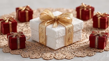 White gift box with gold ribbon surrounded by small red gift boxes on a decorative doily festive scene with copy space for Christmas New Year birthdays greeting cards web banners and product mockups