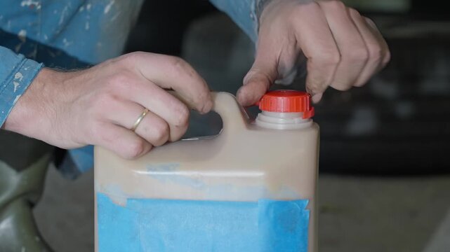 Man removes cap of eco friendly lanolin rustproofing product for vehicle undercarriage during winter, touches to demonstrate non toxic qualities.