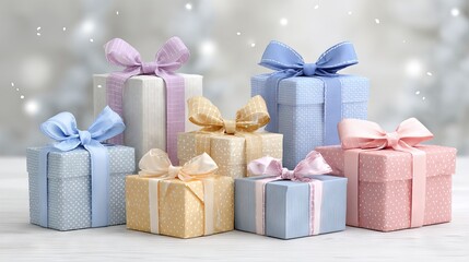 Obraz premium Pastel gift boxes with satin ribbons arranged for celebrations and special occasions festive presents for birthdays weddings holidays greeting cards web banners and product mockups on clean backdrop