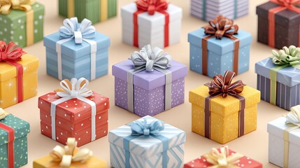 Obraz premium Colorful small gift boxes in assorted designs arranged for festive celebrations with clean background perfect for holidays birthdays weddings greeting cards and product mockups
