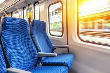 train interior concept. Comfortable blue train seats in a modern train interior with sunlight streaming through the window creating a vibrant atmosphere