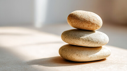 Stacked smooth river stones balanced on textured surface with so