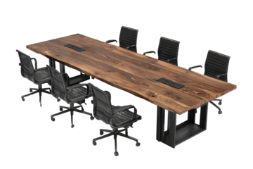 Large, live-edge wooden conference table with chairs
