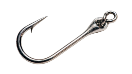 Stainless steel fishing hook with sharp curved point showing durable metal tackle for catching fish isolated on white background