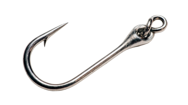 Stainless steel fishing hook with sharp curved point showing durable metal tackle for catching fish isolated on white background