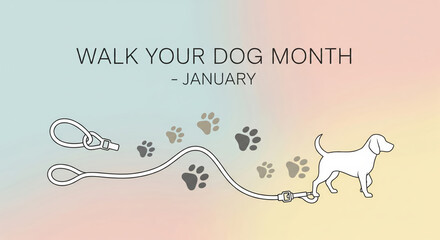 Walk Your Dog Month illustration with leash, paw prints, and dog canine animal