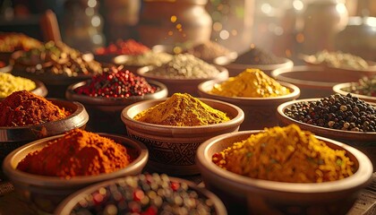 Obraz premium Abundant Assortment of Colorful Spices in Rustic Bowls with Soft Sunlight Warming the Scene