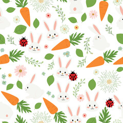 A charming spring pattern featuring cute bunnies and carrots with ladybugs and flowers.