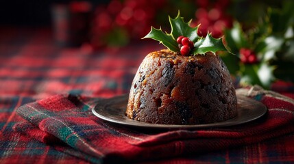 Christmas pudding decorating with holly on tartan tablecloth