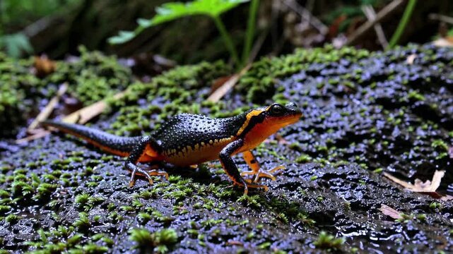 Close-up video still of a vibrant newt on mossy ground, showcasing its textured skin. Shot from a low angle, capturing the forest's lush detail.