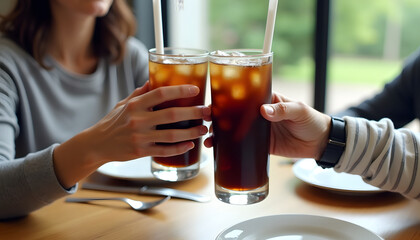 Cheers with iced drinks at a restaurant