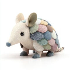 Cute and colorful stuffed pangolin toy against white background