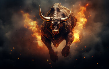 powerful bull charges forward, emerging from a dramatic display of fire and smoke. The animal is a symbol of raw strength and determination.