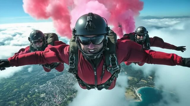 Smiling skydivers leap over a cloudy coast with pink smoke trails