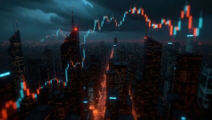 Dynamic Financial Market Trends Over a Modern Cityscape at Night.