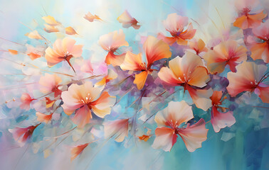 Delicate petals dance on the surface of the water, capturing a moment of ephemeral beauty. The light playfully interacts with the vibrant colors of the floating flora.