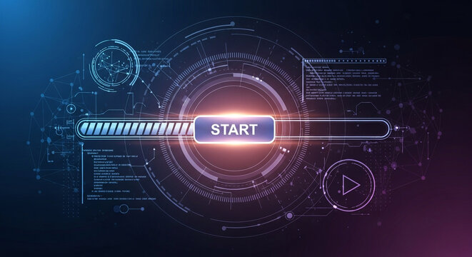 Futuristic loading screen with glowing start button and HUD elements for sleek technology interface or game development projects