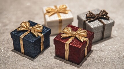 Obraz premium Four colorful gift boxes in a square wrapped in shiny paper with bows festive display for holidays birthdays weddings greeting cards social media with copy space and product mockup backgrounds
