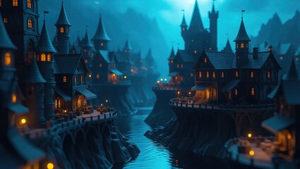 Enchanted Medieval Castle Town by a River at Night.