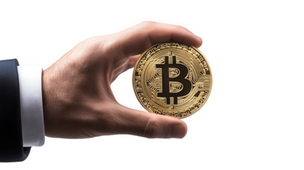 Businessman holding a golden bitcoin cryptocurrency coin against a black backdrop on transparent background