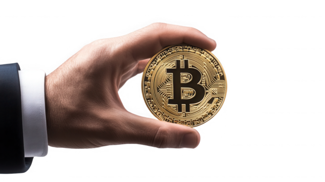 Businessman holding a golden bitcoin cryptocurrency coin against a black backdrop on transparent background