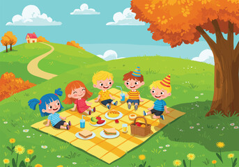 Children picnic party scene, birthday celebration outdoors, autumn meadow, food and friendship, cheerful cartoon illustration