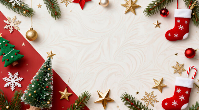 Red and Beige Christmas Frame with Trees and Stockings