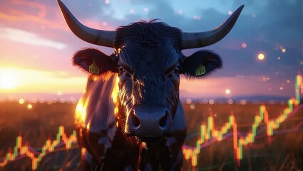 Financial Bull Market Symbol with Stock Chart Overlay at Sunset.