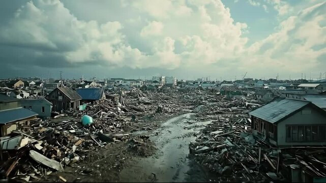 Aerial view of a devastated landscape after a natural disaster.