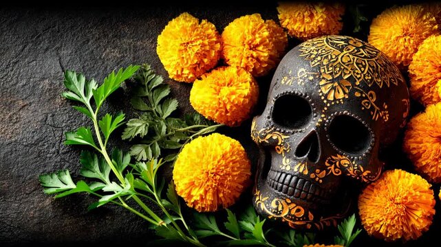 Day Of The Dead, Black Skull Adorned with Intricate Gold Patterns Surrounded by Vibrant Marigold Flowers and Green