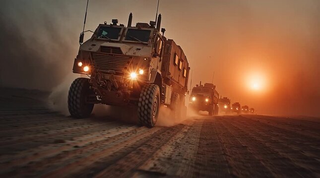Military convoy of armored Humvees crossing dusty desert at high noon. Harsh sunlight, heat haze, trailing dust, wide-angle cinematic shot, gritty realism, sense of operational journey.